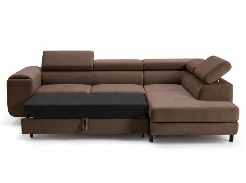 Canapé d’angle convertible Iéna – grande méridienne, coffre & têtières relevables