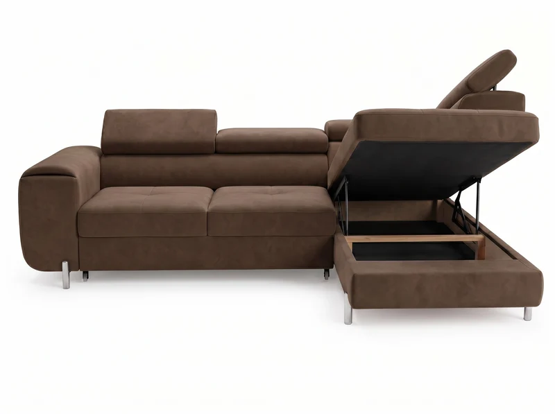 Canapé d’angle convertible Iéna – grande méridienne, coffre & têtières relevables