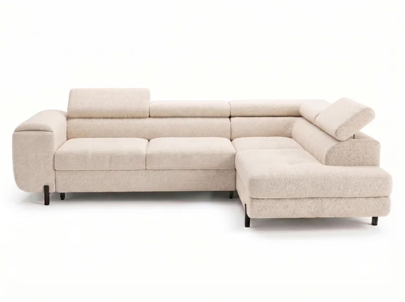 Canapé d’angle convertible Iéna – grande méridienne, coffre & têtières relevables