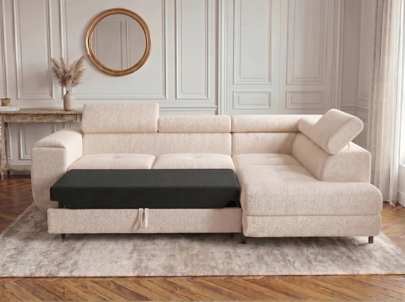 Canapé d’angle convertible Iéna – grande méridienne, coffre & têtières relevables