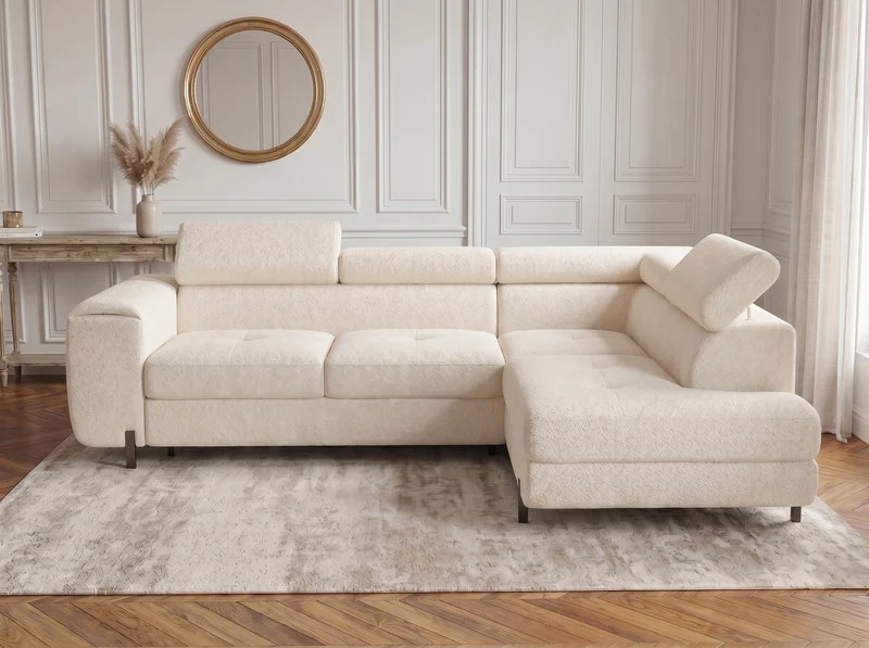 Canapé d’angle convertible Iéna – grande méridienne, coffre & têtières relevables