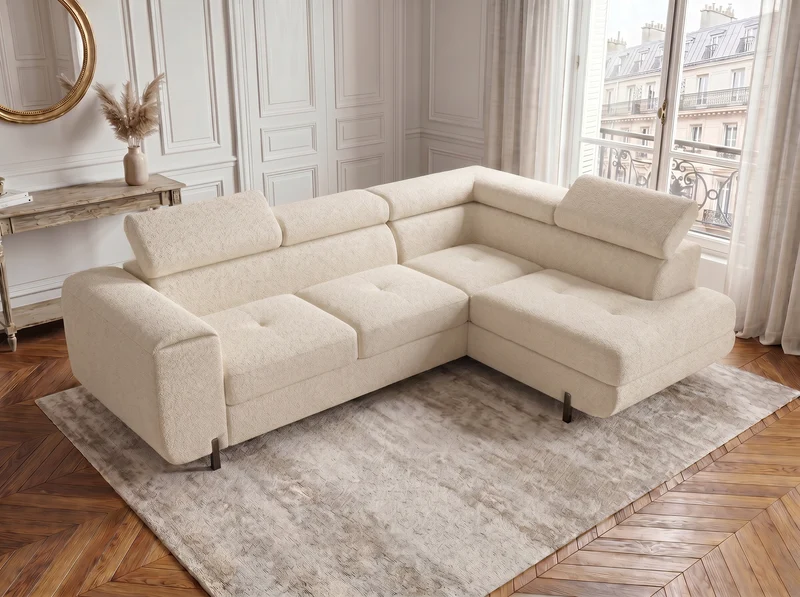 Canapé d’angle convertible Iéna – grande méridienne, coffre & têtières relevables