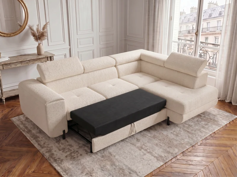 Canapé d’angle convertible Iéna – grande méridienne, coffre & têtières relevables