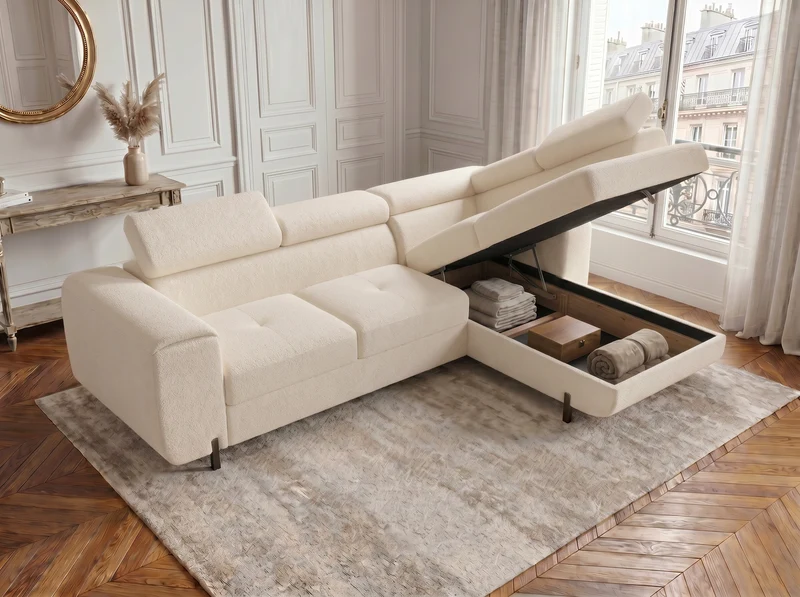 Canapé d’angle convertible Iéna – grande méridienne, coffre & têtières relevables