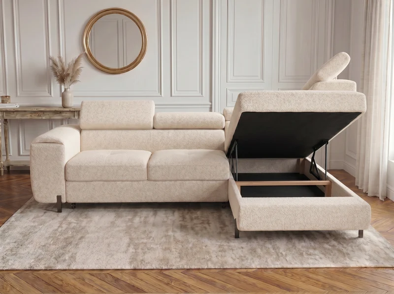 Canapé d’angle convertible Iéna – grande méridienne, coffre & têtières relevables