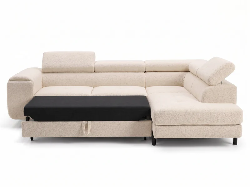 Canapé d’angle convertible Iéna – grande méridienne, coffre & têtières relevables
