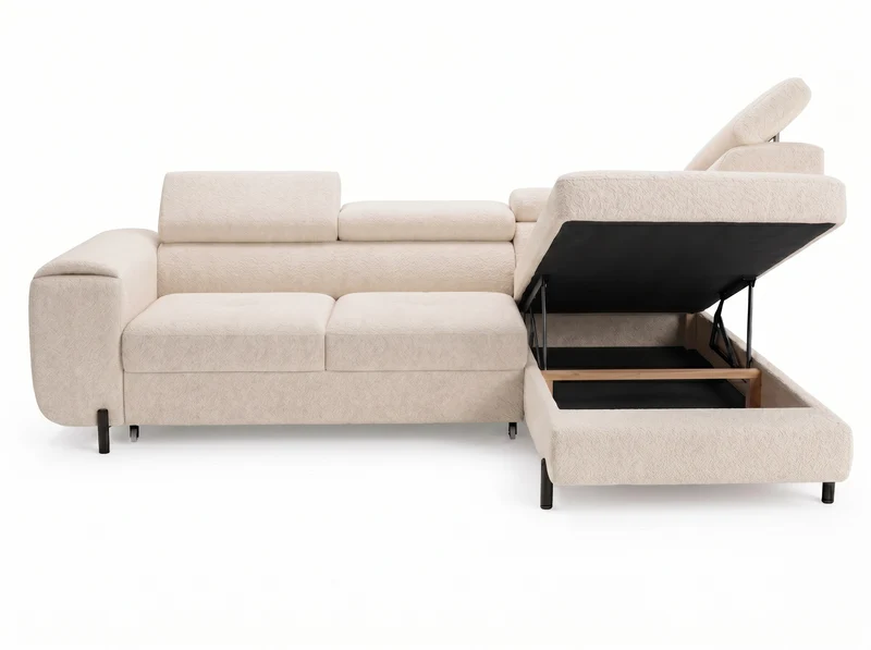 Canapé d’angle convertible Iéna – grande méridienne, coffre & têtières relevables