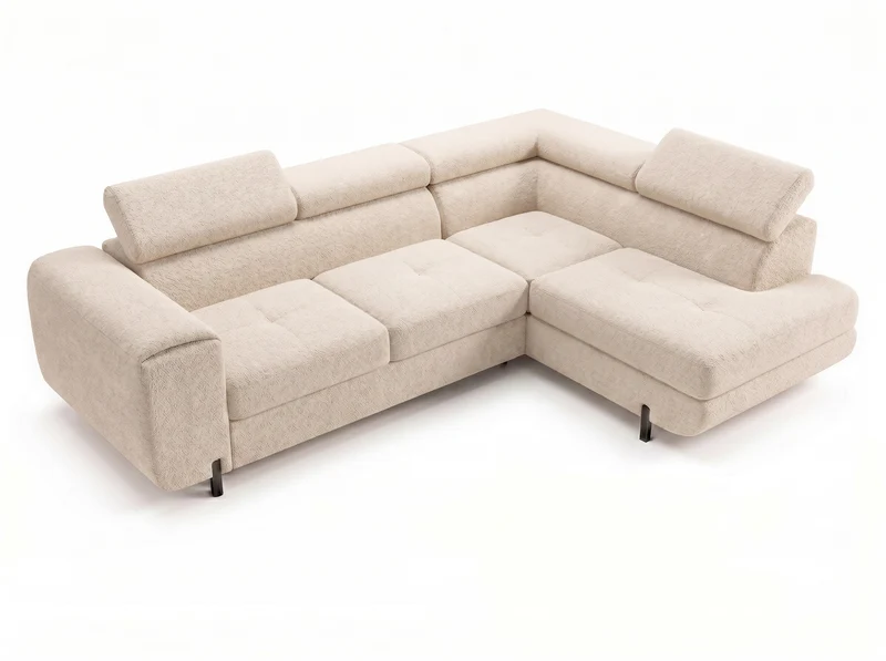 Canapé d’angle convertible Iéna – grande méridienne, coffre & têtières relevables