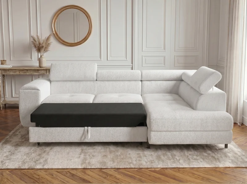 Canapé d’angle convertible Iéna – grande méridienne, coffre & têtières relevables