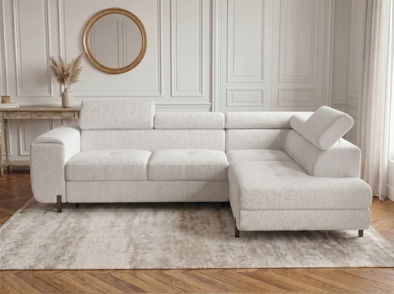 Canapé d’angle convertible Iéna – grande méridienne, coffre & têtières relevables