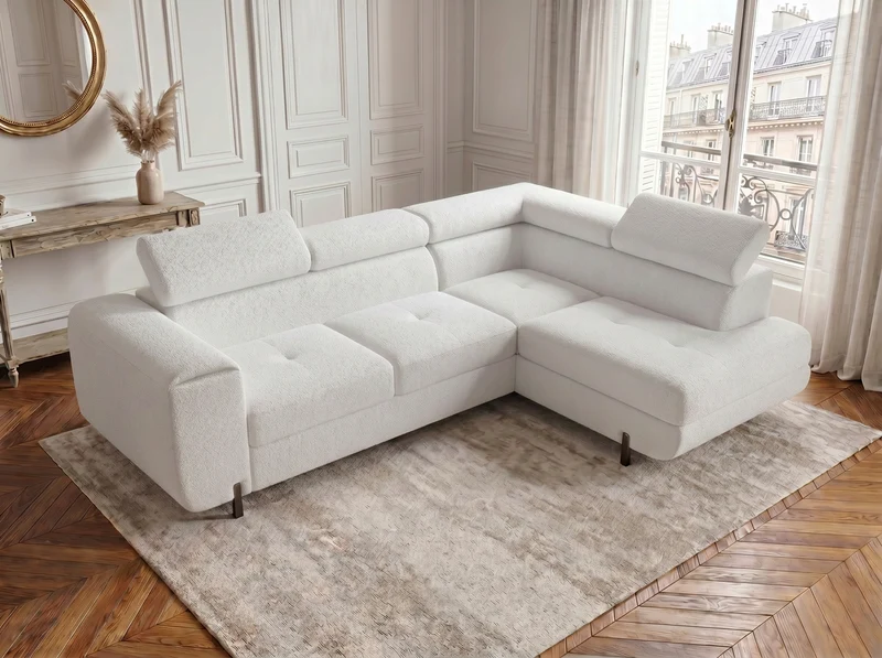 Canapé d’angle convertible Iéna – grande méridienne, coffre & têtières relevables