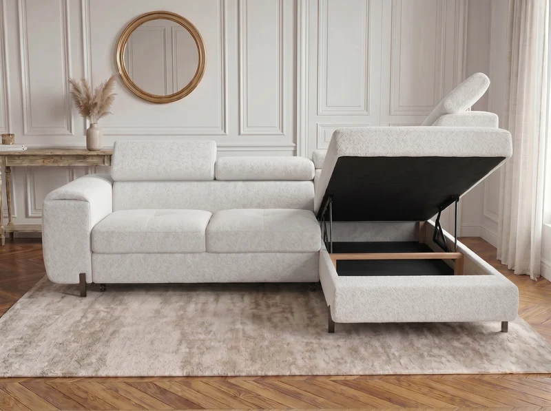 Canapé d’angle convertible Iéna – grande méridienne, coffre & têtières relevables