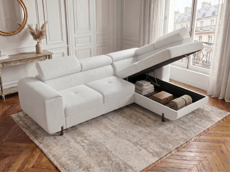 Canapé d’angle convertible Iéna – grande méridienne, coffre & têtières relevables