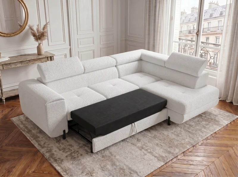 Canapé d’angle convertible Iéna – grande méridienne, coffre & têtières relevables
