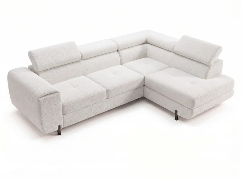 Canapé d’angle convertible Iéna – grande méridienne, coffre & têtières relevables