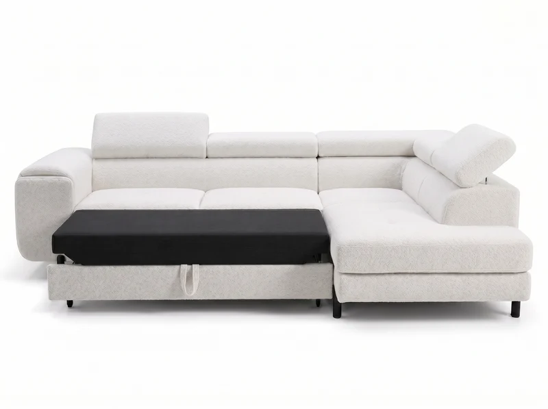Canapé d’angle convertible Iéna – grande méridienne, coffre & têtières relevables