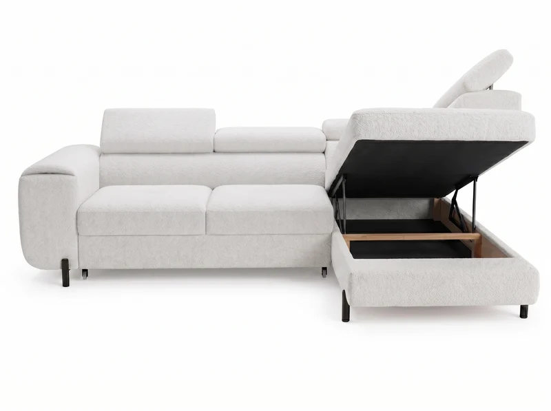 Canapé d’angle convertible Iéna – grande méridienne, coffre & têtières relevables