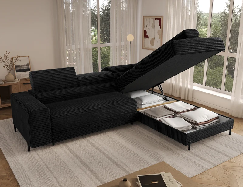 Canapé d’angle convertible LAFAYETTE en velours côtelé avec têtières relevables
