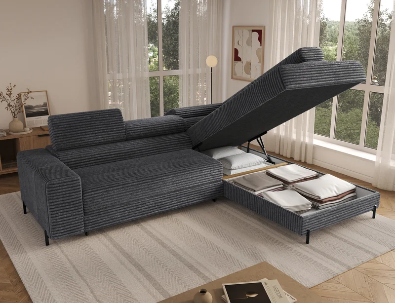 Canapé d’angle convertible LAFAYETTE en velours côtelé avec têtières relevables