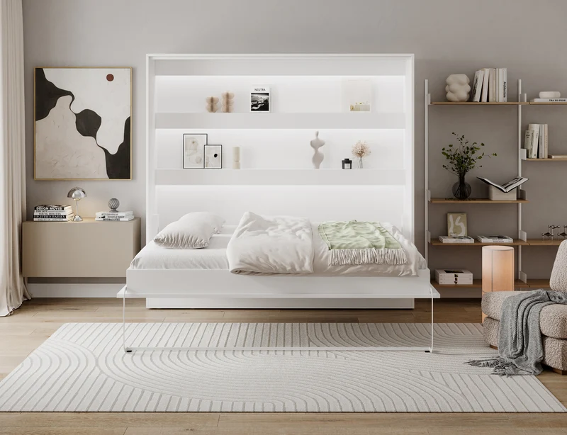 Lit escamotable NEO – armoire lit murale verticale avec rangements