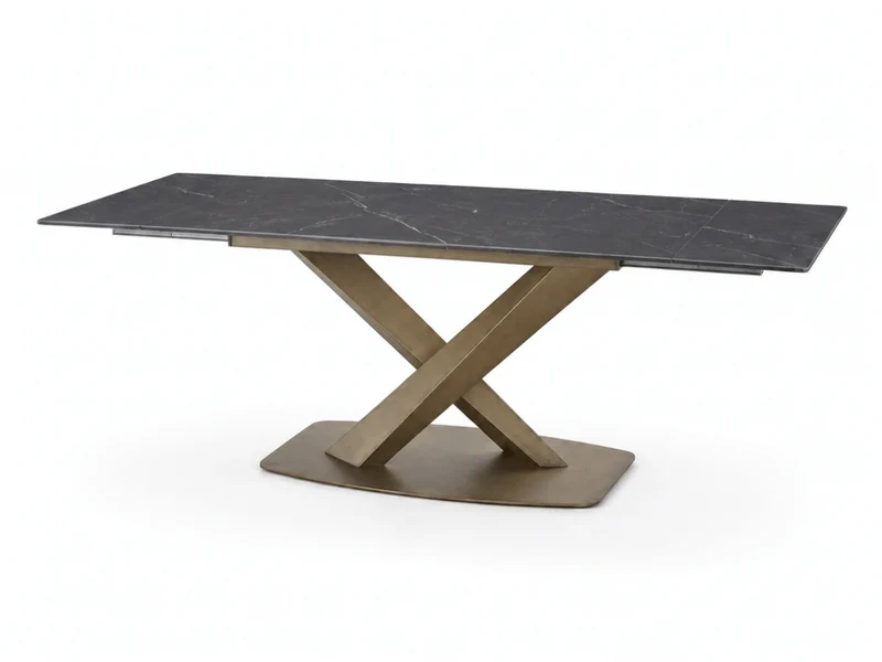 Table à manger extensible AUREA – Céramique effet marbre noir & pied croisé doré – 180/260 x 90 cm