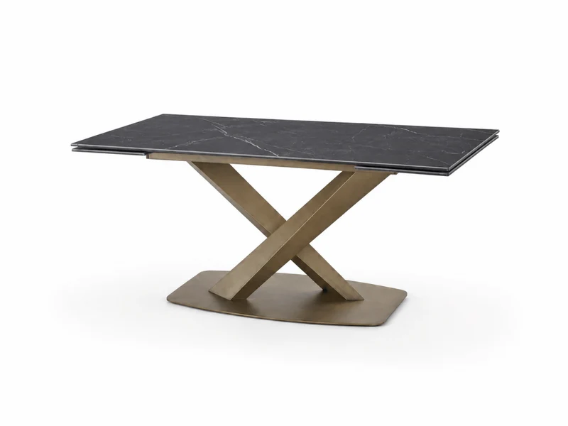 Table à manger extensible AUREA – Céramique effet marbre noir & pied croisé doré – 180/260 x 90 cm