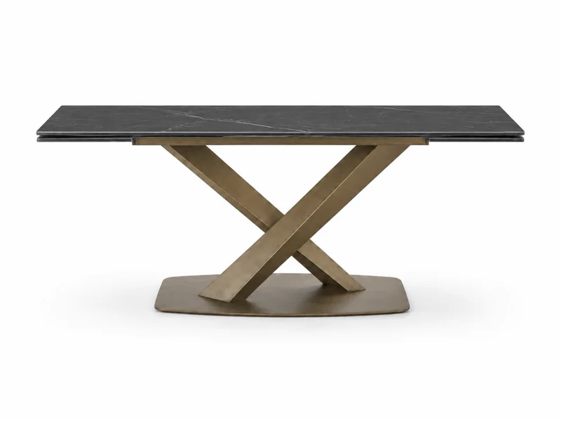 Table à manger extensible AUREA – Céramique effet marbre noir & pied croisé doré – 180/260 x 90 cm