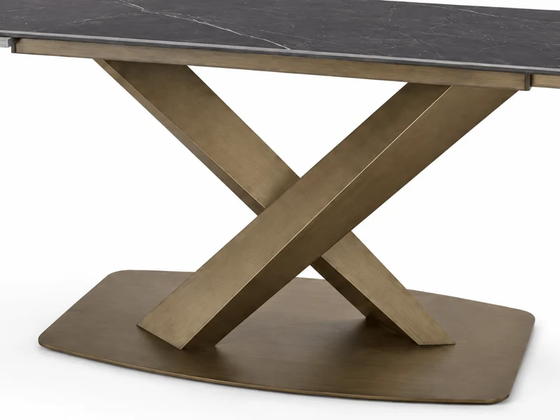 Table à manger extensible AUREA – Céramique effet marbre noir & pied croisé doré – 180/260 x 90 cm