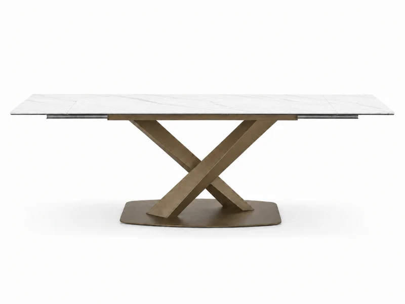 Table à manger extensible AUREA – Céramique effet marbre noir & pied croisé doré – 180/260 x 90 cm
