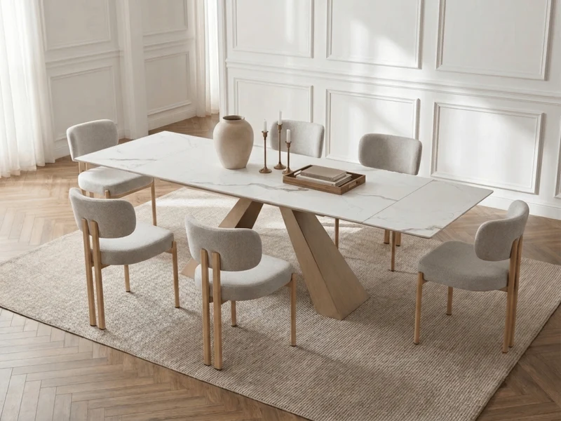 Table à manger extensible Calista – céramique marbre blanc 180 à 260 cm