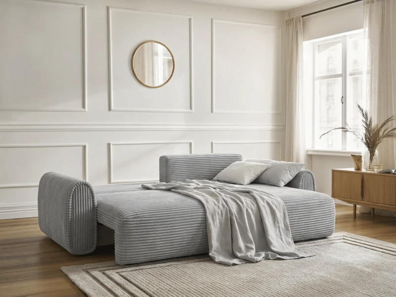 Canapé convertible ODEON – Velours côtelé épais – Design arrondi tendance