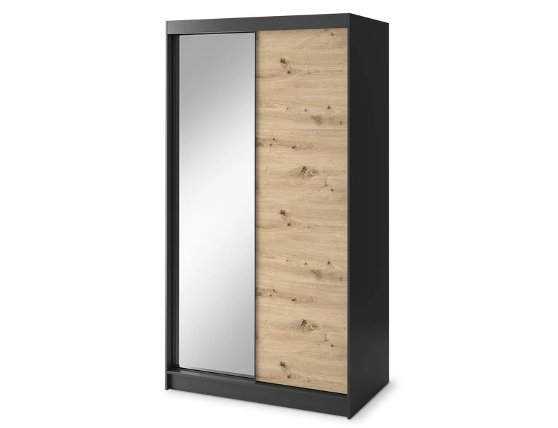 Armoire Dressing Coulissante 120 & 180 cm avec Miroir – Décor Chêne Artisan & Structure Noir Mat - VARELLA