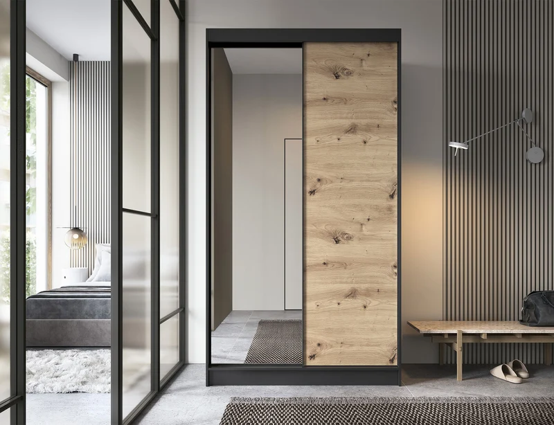 Armoire Dressing Coulissante 120 & 180 cm avec Miroir – Décor Chêne Artisan & Structure Noir Mat - VARELLA