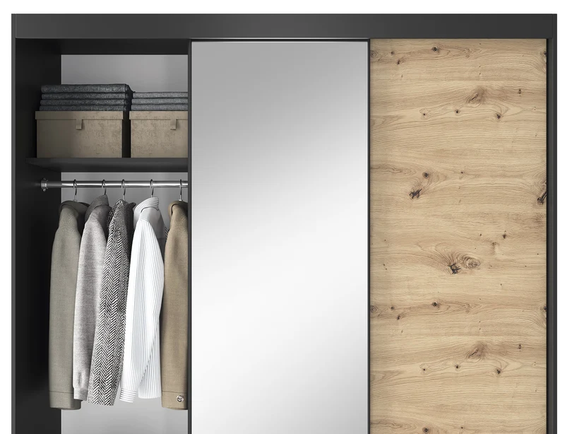 Armoire Dressing Coulissante 120 & 180 cm avec Miroir – Décor Chêne Artisan & Structure Noir Mat - VARELLA