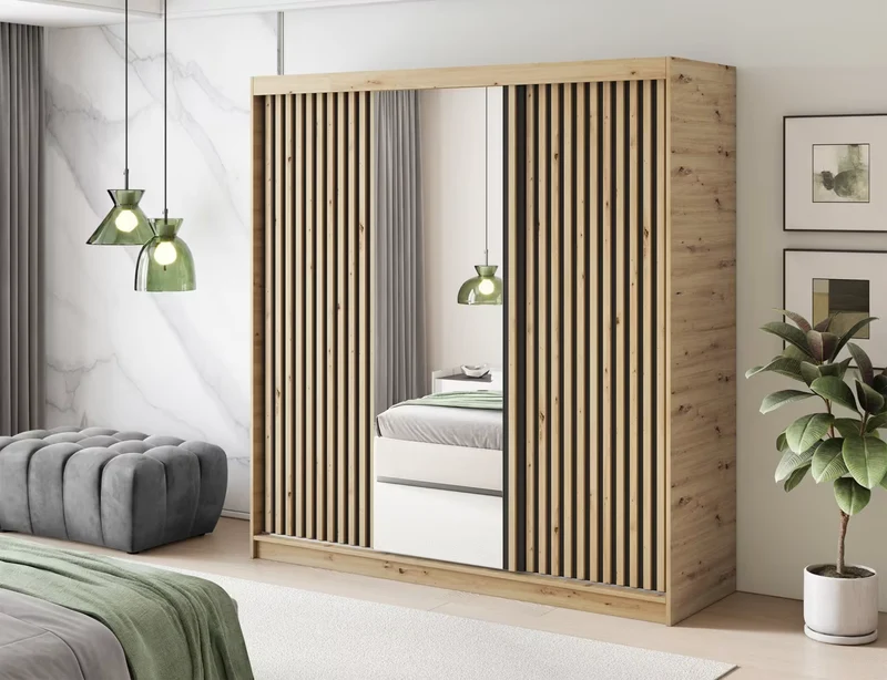 Armoire Dressing Coulissante 120 / 180 cm avec Miroir – Décor Chêne Artisan & Façades Lattes Modernes - LIGNARO