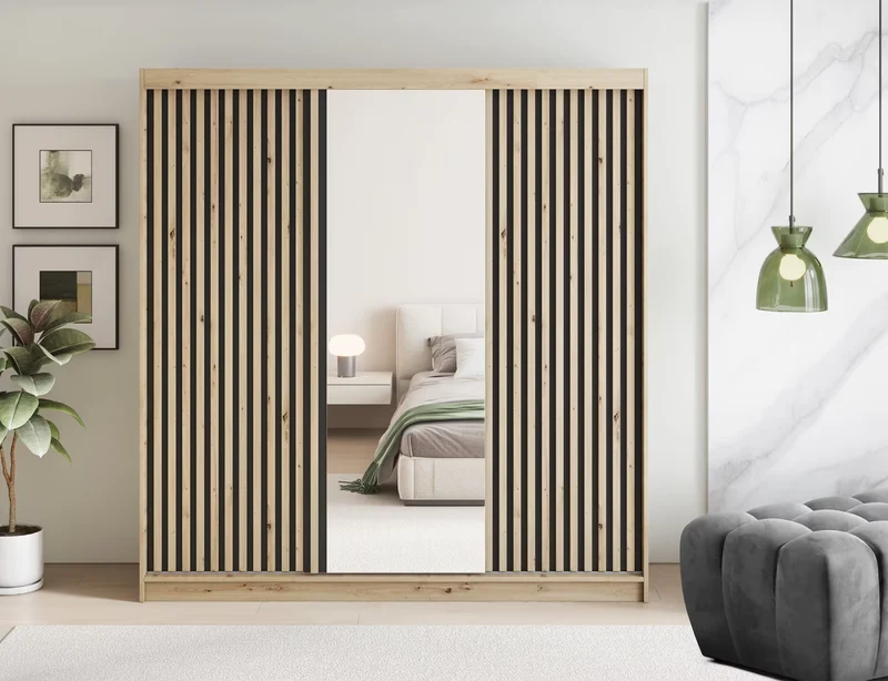 Armoire Dressing Coulissante 120 / 180 cm avec Miroir – Décor Chêne Artisan & Façades Lattes Modernes - LIGNARO