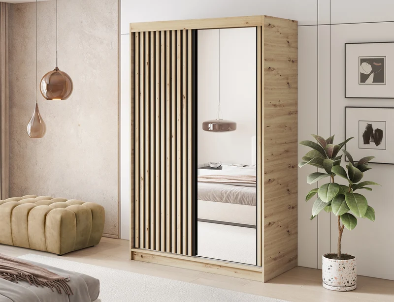 Armoire Dressing Coulissante 120 / 180 cm avec Miroir – Décor Chêne Artisan & Façades Lattes Modernes - LIGNARO