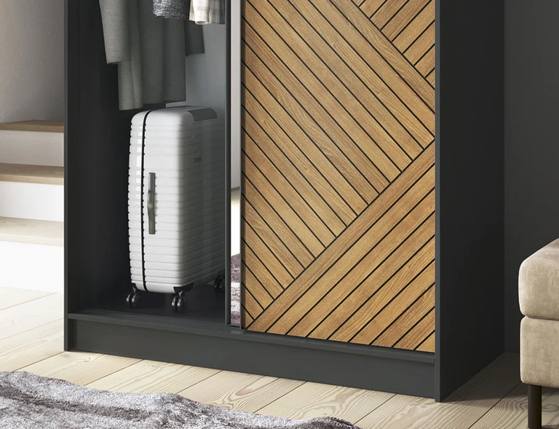 Armoire Dressing Coulissante 120 & 180 cm – Noir & Chêne Caramel – Miroir en option – CARVANO