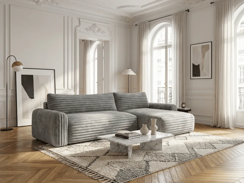 Canapé d’angle convertible Marbeuf avec coffre – Velours côtelé ou bouclette