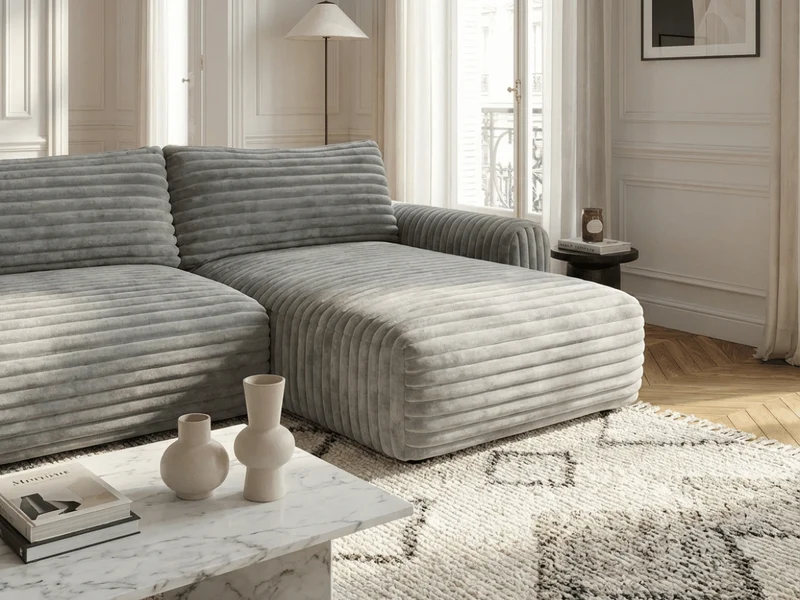 Canapé d’angle convertible Marbeuf avec coffre – Velours côtelé ou bouclette