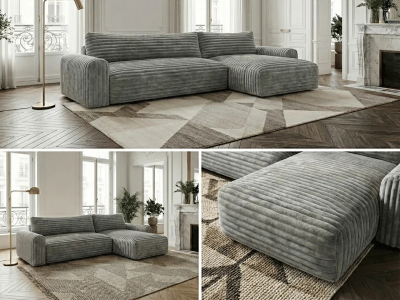 Canapé d’angle convertible Marbeuf avec coffre – Velours côtelé ou bouclette
