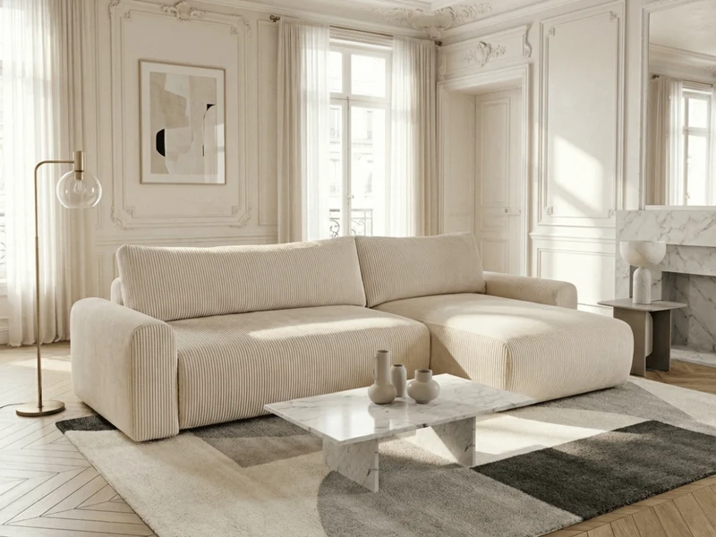 Canapé d’angle convertible Marbeuf avec coffre – Velours côtelé ou bouclette
