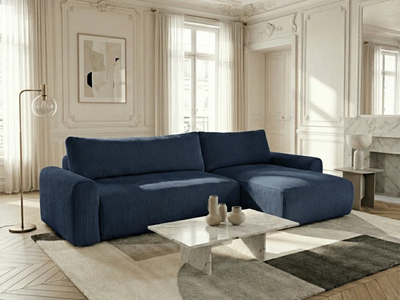 Canapé d’angle convertible Marbeuf avec coffre – Velours côtelé ou bouclette