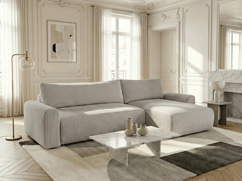 Canapé d’angle convertible Marbeuf avec coffre – Velours côtelé ou bouclette