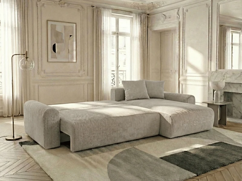 Canapé d’angle convertible Marbeuf avec coffre – Velours côtelé ou bouclette