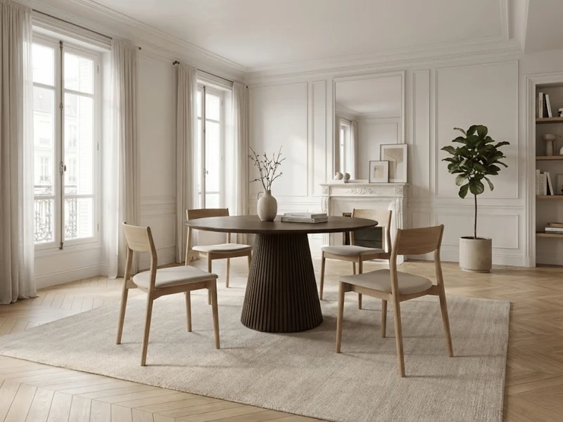 Table ronde extensible NELLA en bois – Ø 120 cm fermée / 200 cm ouverte – 2 rallonges intégrées
