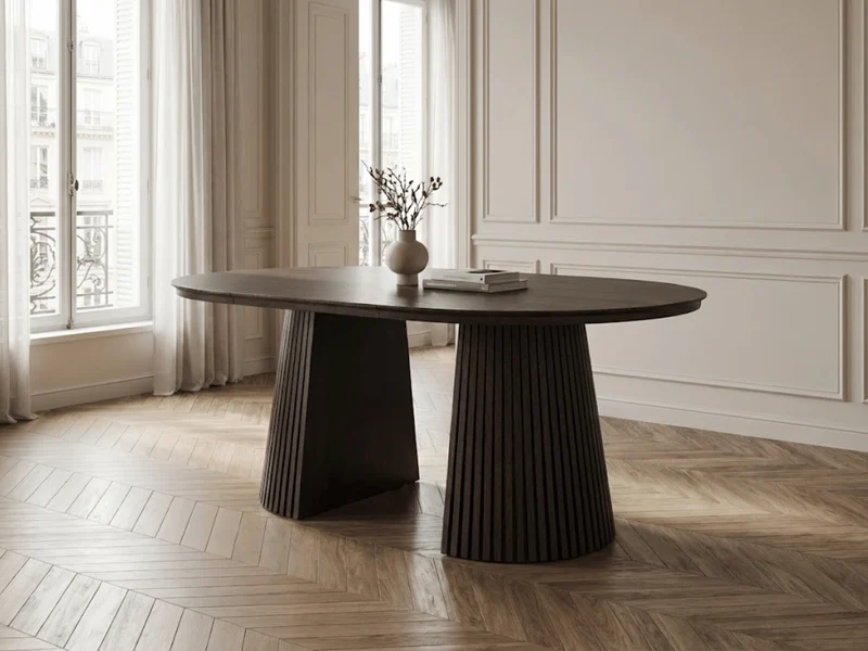 Table ronde extensible NELLA en bois – Ø 120 cm fermée / 200 cm ouverte – 2 rallonges intégrées
