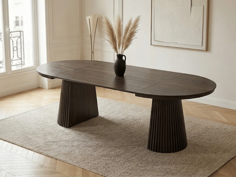 Table ronde extensible NELLA en bois – Ø 120 cm fermée / 200 cm ouverte – 2 rallonges intégrées