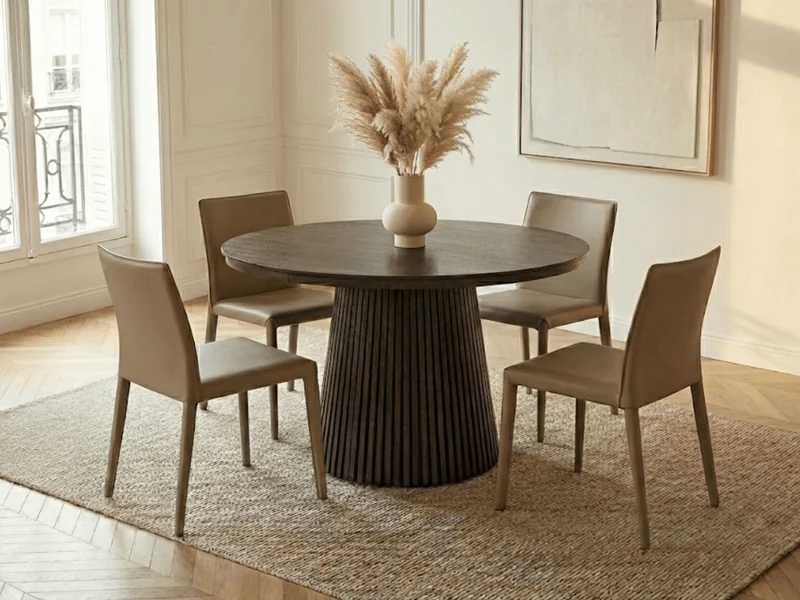 Table ronde extensible NELLA en bois – Ø 120 cm fermée / 200 cm ouverte – 2 rallonges intégrées
