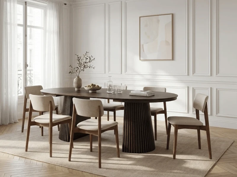 Table ronde extensible NELLA en bois – Ø 120 cm fermée / 200 cm ouverte – 2 rallonges intégrées
